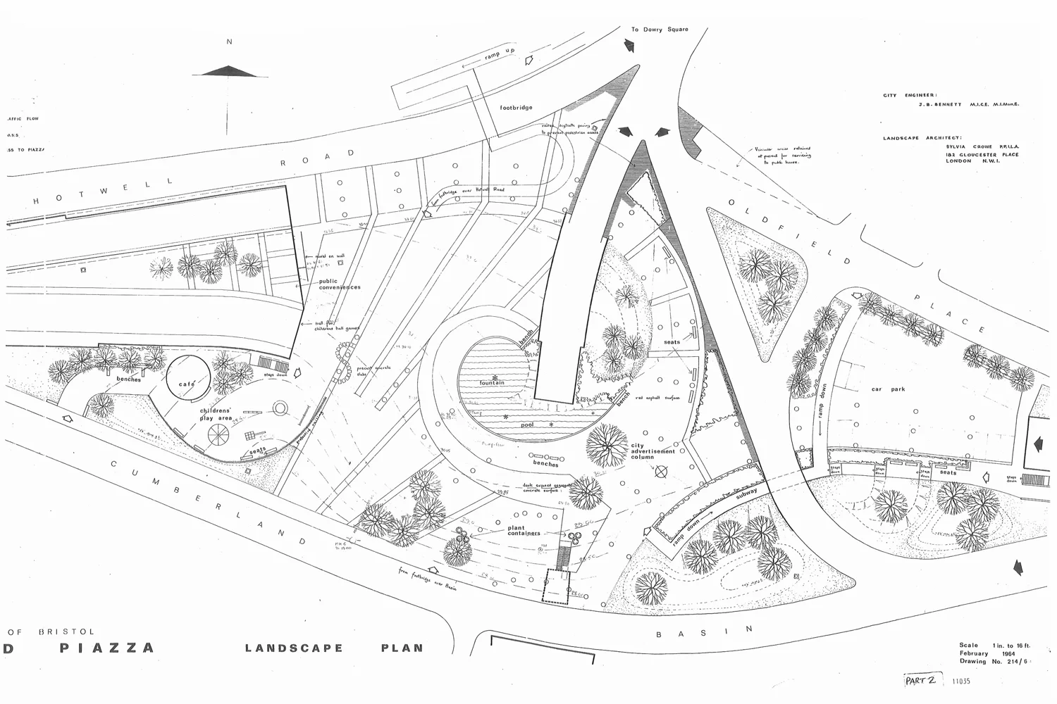 CUMBERLAND PIAZZA LANDSCAPE PLAN, 1964. SYLVIA CROWE COLLECTION. © MUSEUM OF ENGLISH RURAL LIFE / LANDSCAPE INSTITUTE