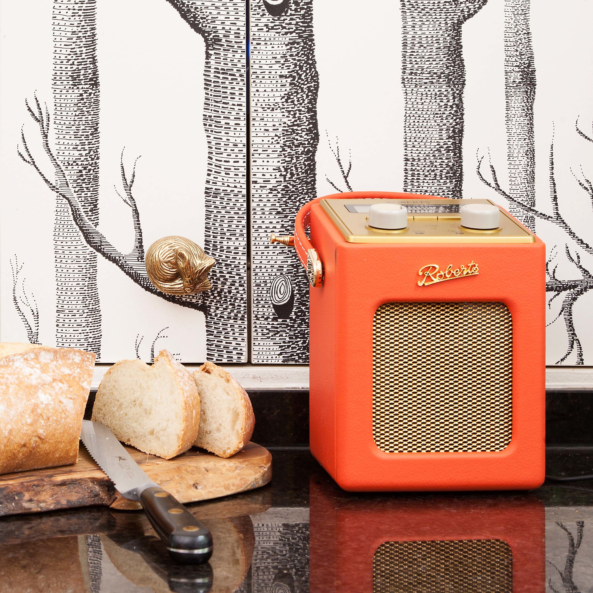 The Pink House kitchen with Roberts radio and Cole & Son's Woods wallpaper