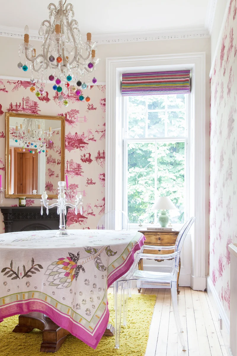 Halsted Design fynbos tablecloth, Timorous Beasties wallpaper and bauble chandelier