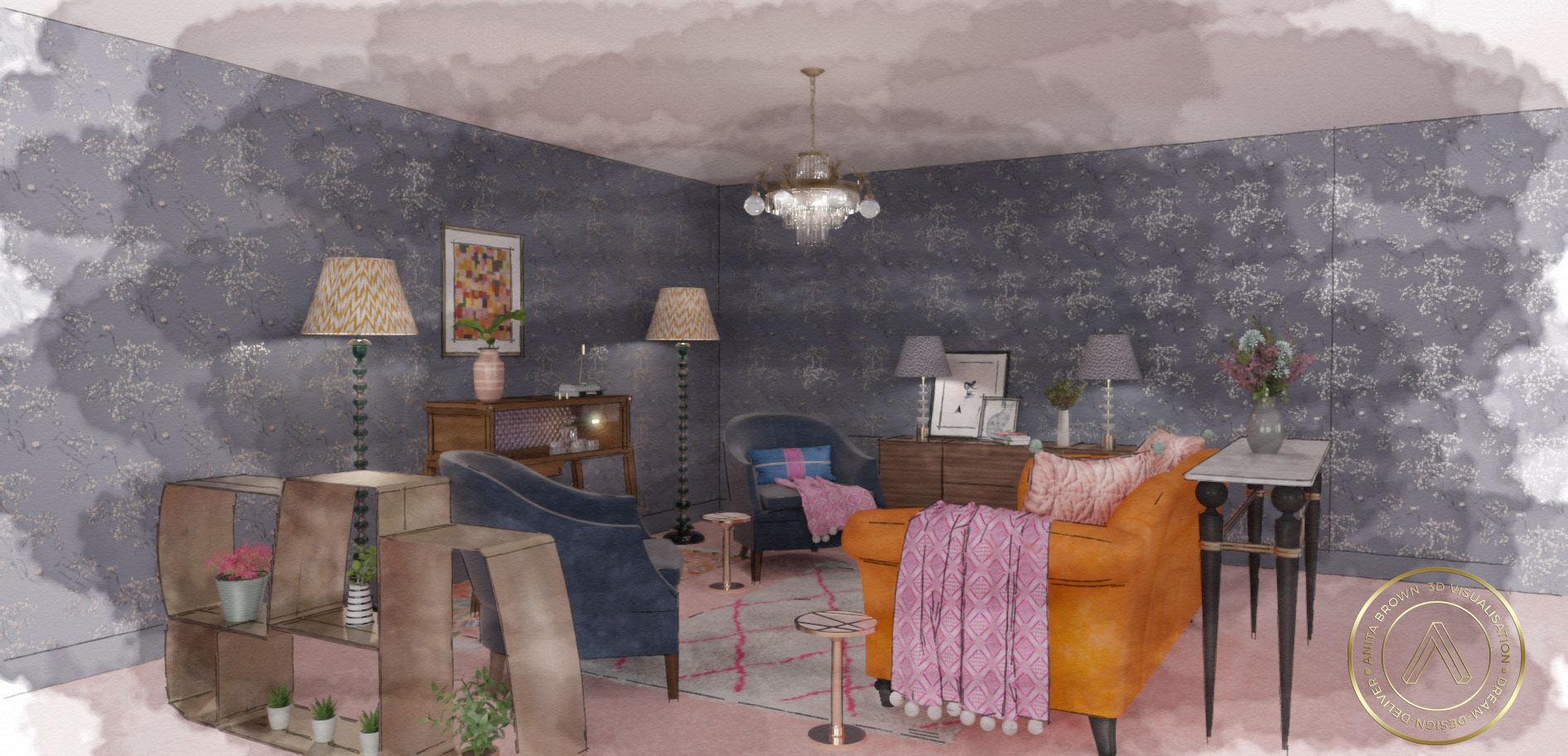 The Pink House's Style Room at the House &amp; Garden Festival/Sketch by Anita Brown 3D Visualisation