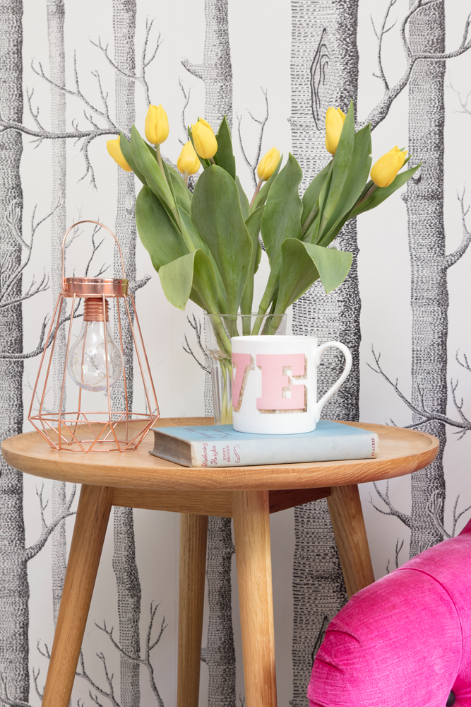 led coffee table vignette with rose gold Primark light and Dandy Stars LOVE mug