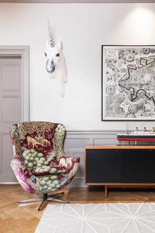 Unicorn taxidermy and WIlliam Morris upholstered egg chairs, and Grayson Perry's Map of Days