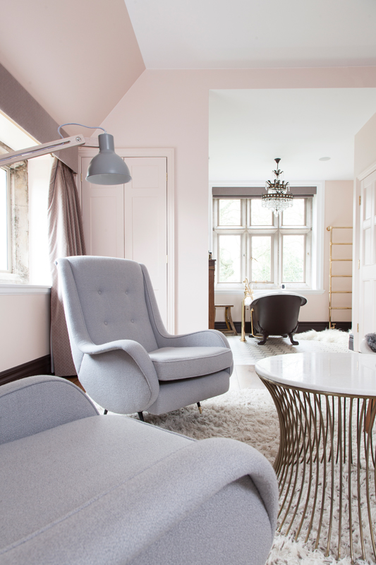 Farrow & Ball Pink Ground master bedroom with grey vintage chairs