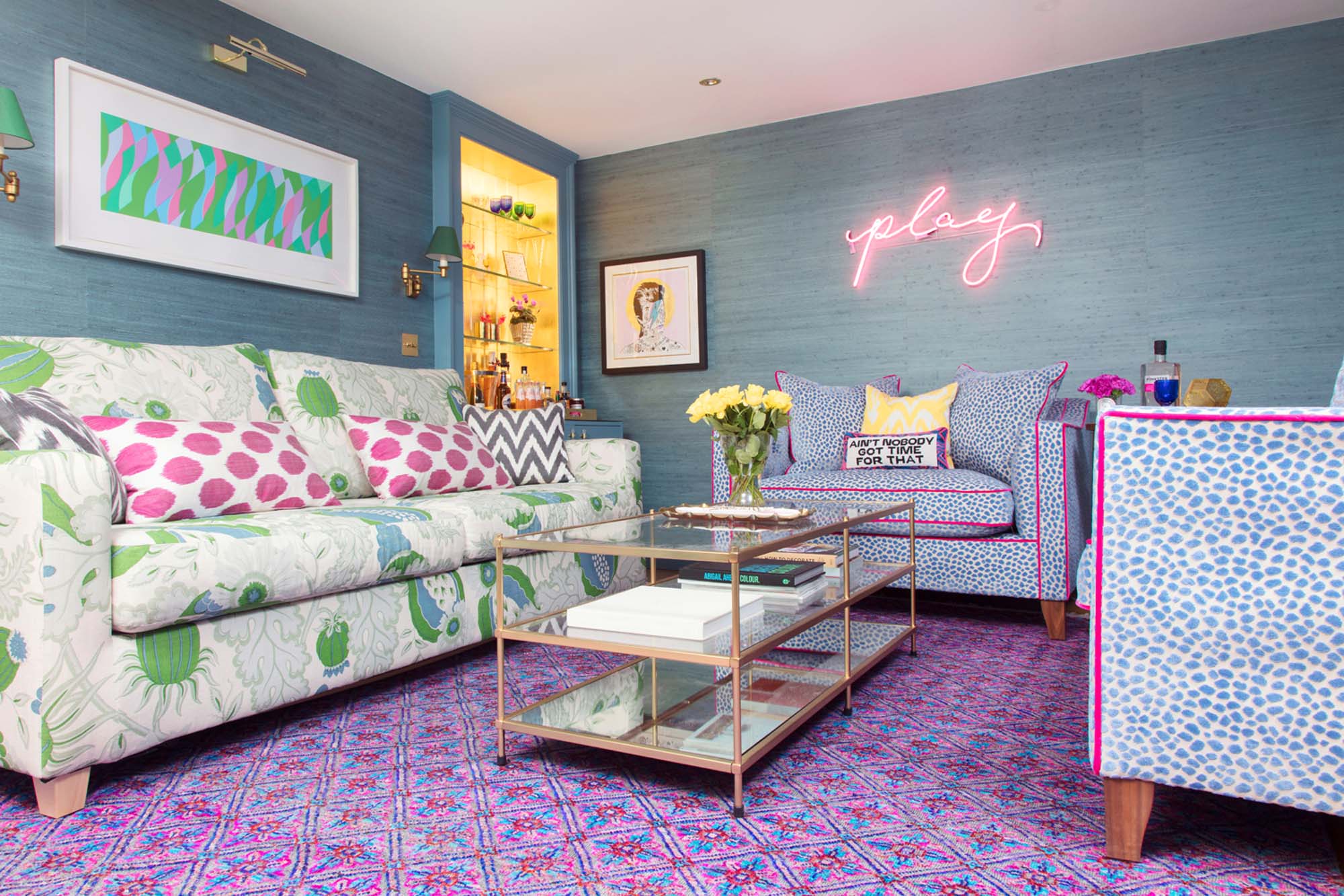 Wendy Morrison Design pink and purple silk Govind rug in The Pink House den/Photo: Susie Lowe