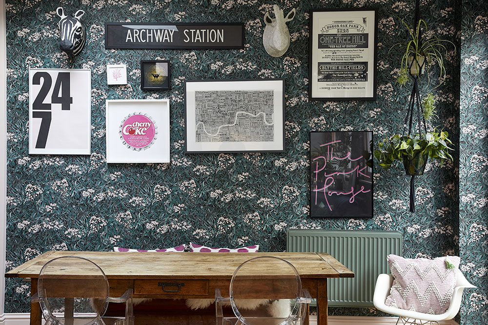 My vintage French 19th century refectory table in front of Sandberg Malin wallpaper