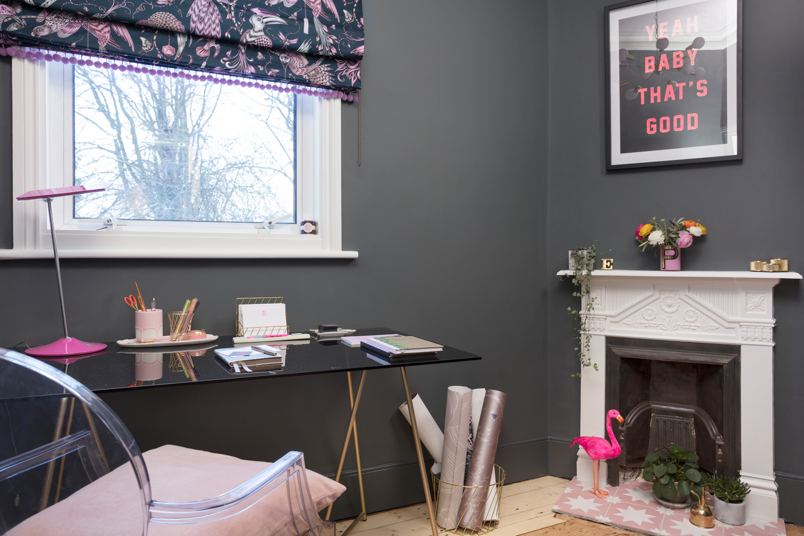 Pink home office painted in Farrow & Ball Downpipe