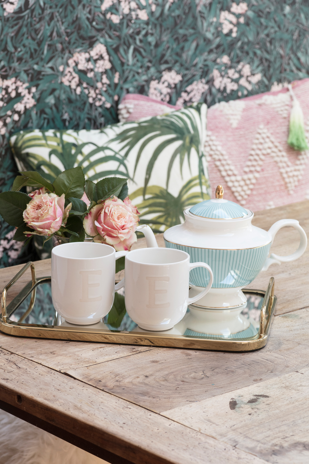 Pretty afternoon tea with initialled mugs and duck egg blue teapot and pink peony roses