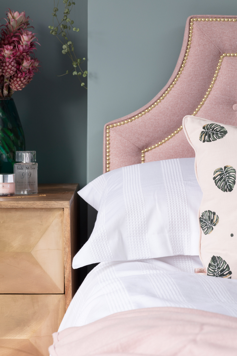 Marks & Spencer bedding and Elizabeth Scarlett monstera pink cushion