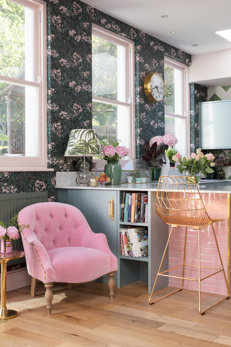 The Pink House X Sofas & Stuff pink armchair in the pink and green kitchen