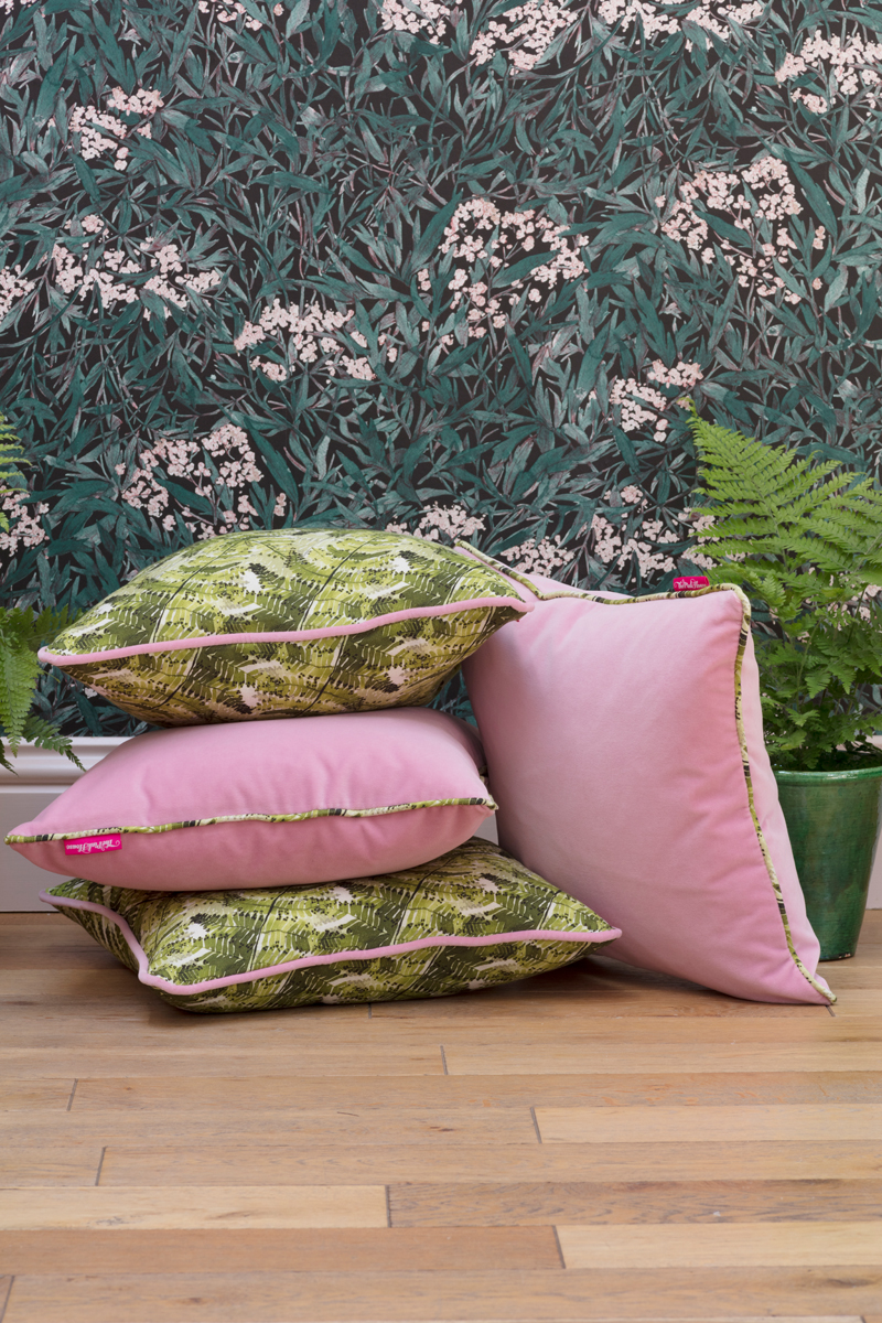 Pink velvet and fern print cushions made in Britain