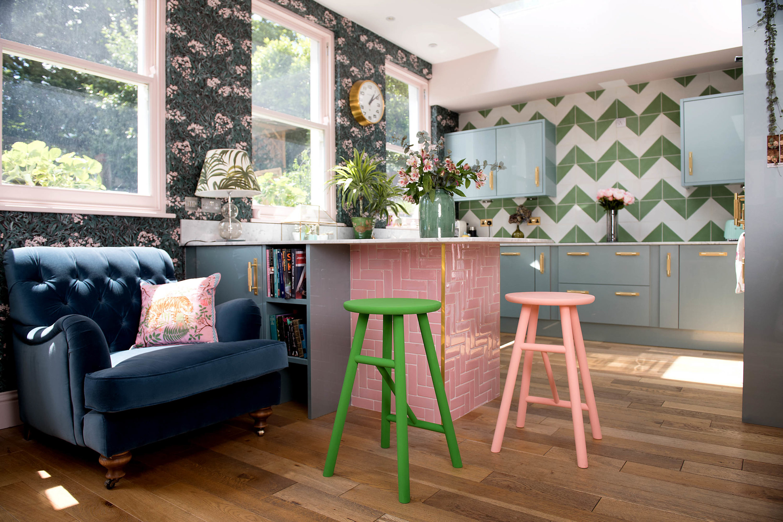 The Pink House kitchen with green Bert and May Alalpardo encaustic tiles