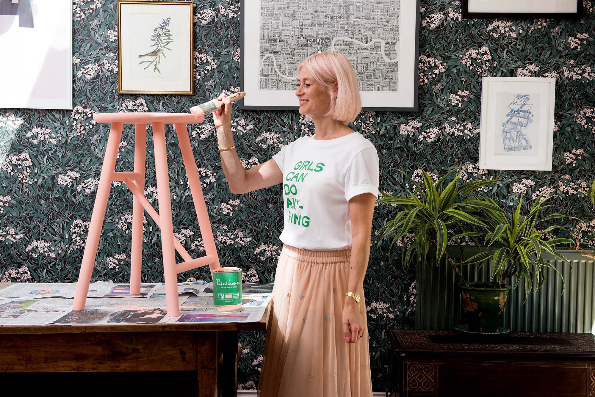 Using the peachy-pink Ida by Painthouse to paint a wooden stool