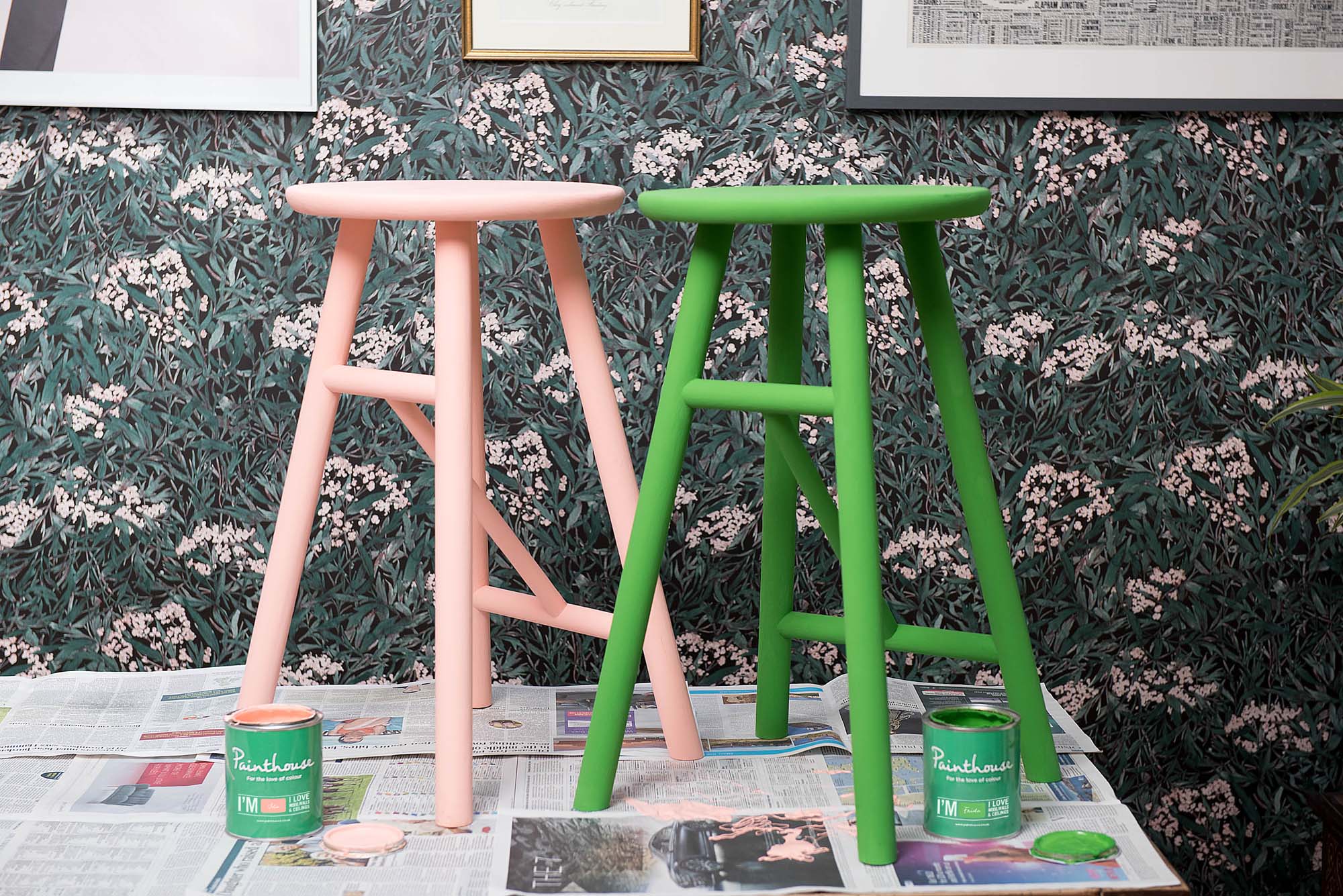 Upcycled pink and green furniture in The Pink House