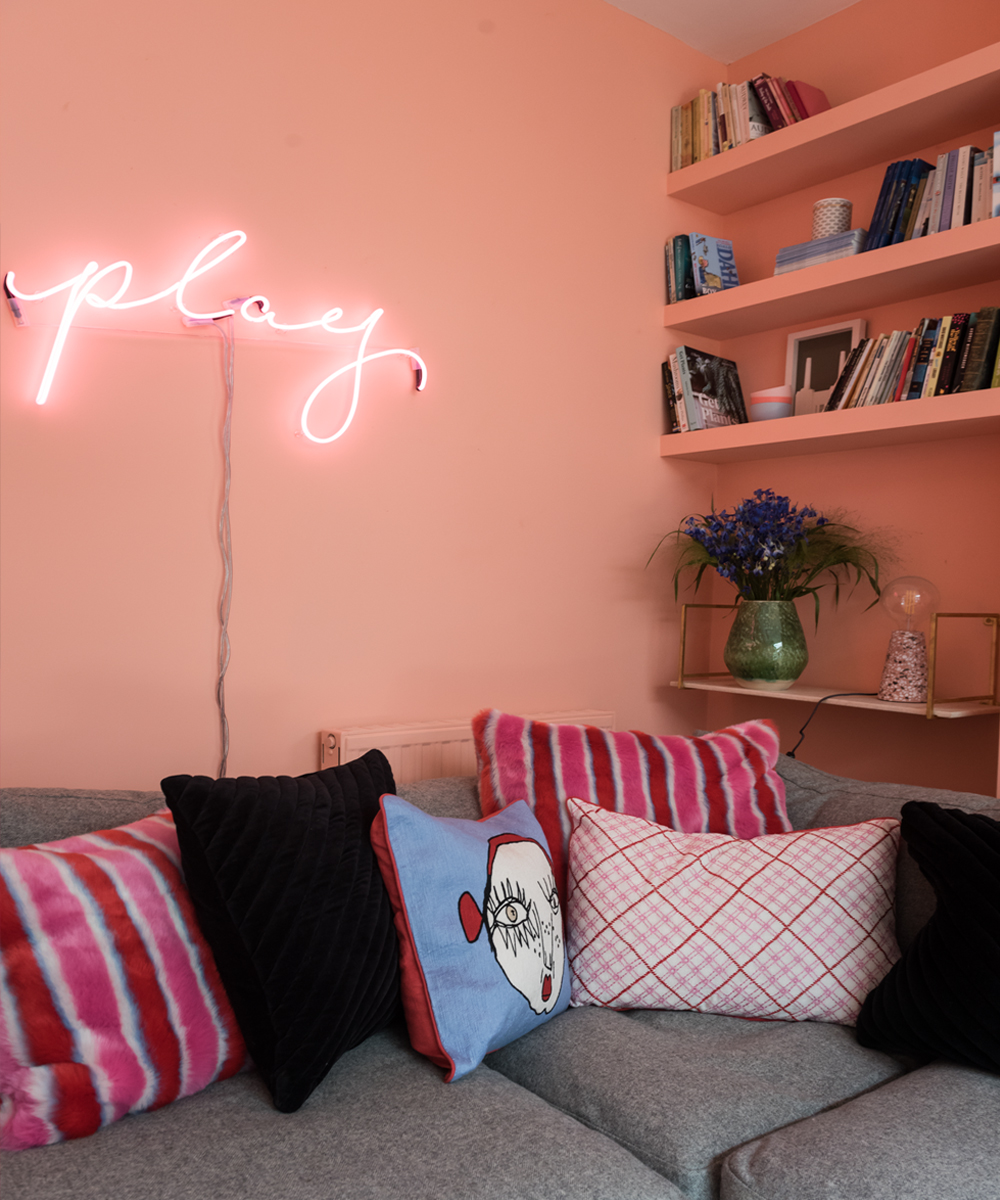 Pink neon sign and Ida by Painthouse peachy pink walls