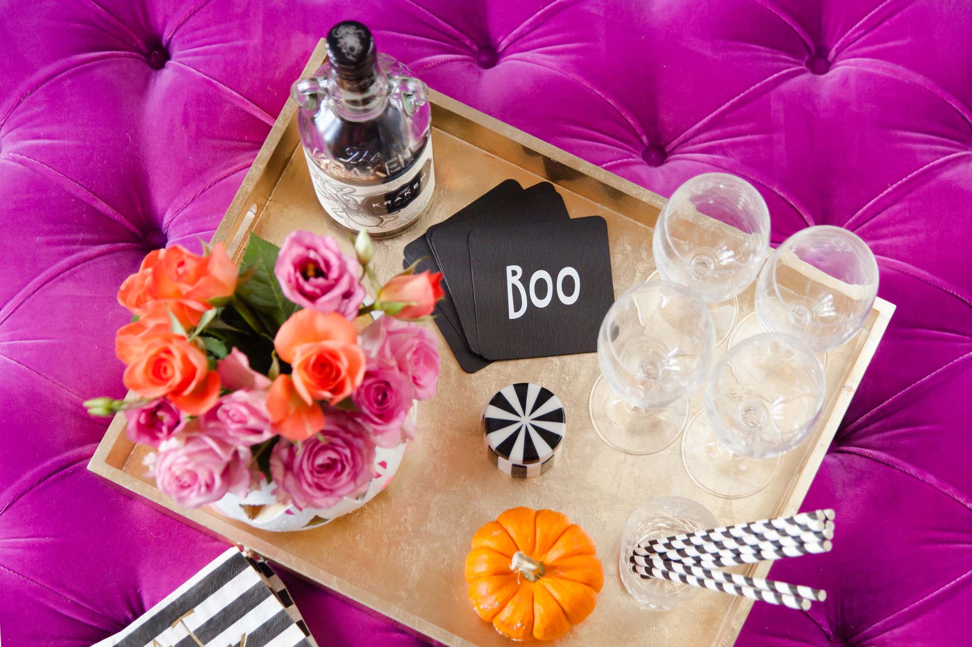 Pink adults Halloween party drinks tray styling