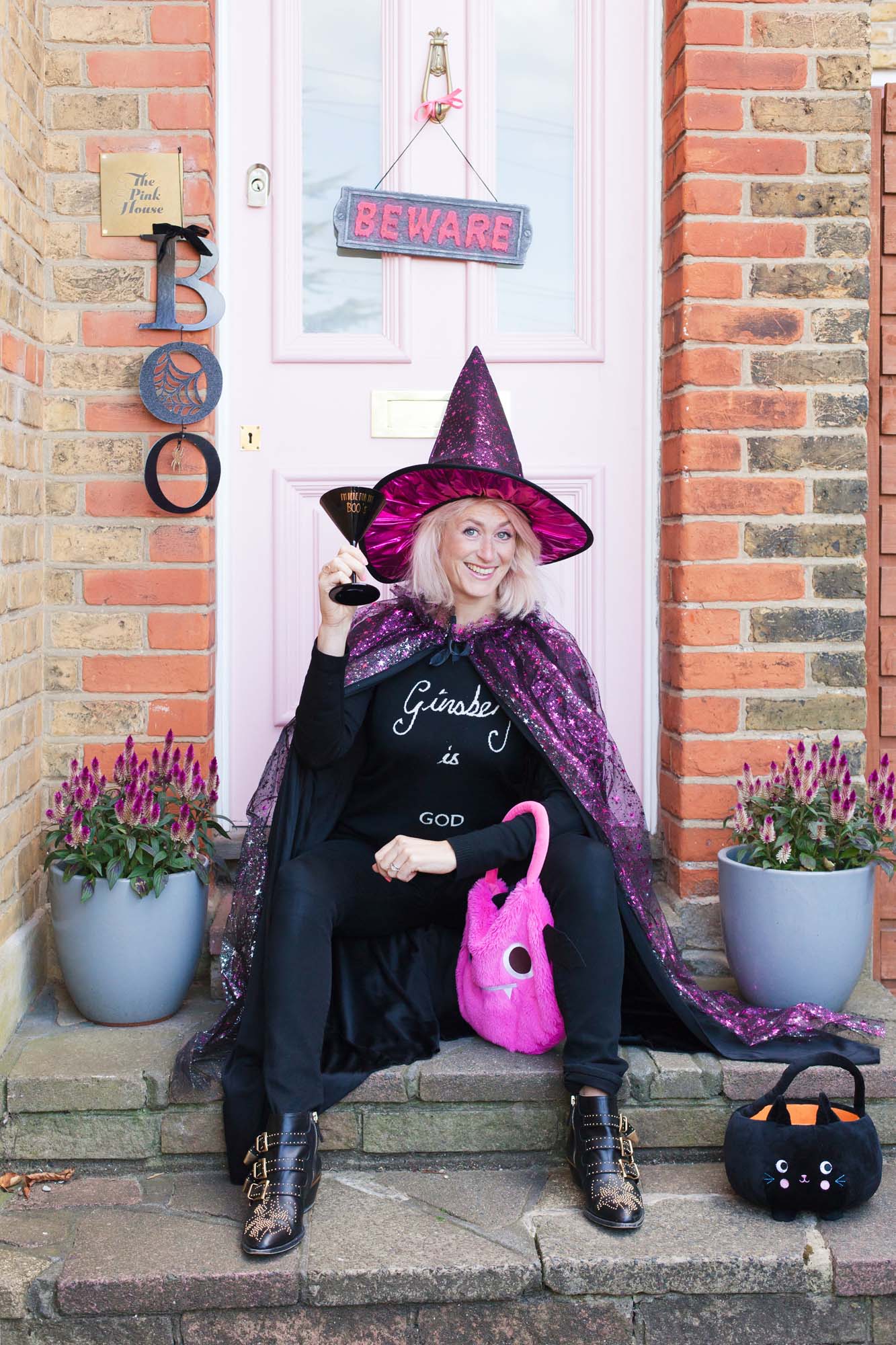 Sainsbury's Tu Pink witch costume and 'Only here for the Boo's' cocktail glass