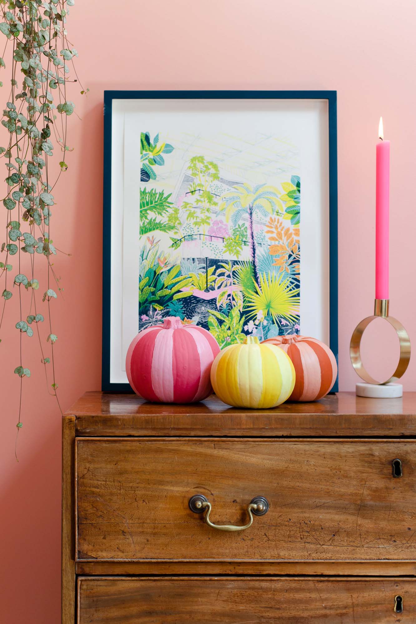 Painted multicoloured striped pumpkins