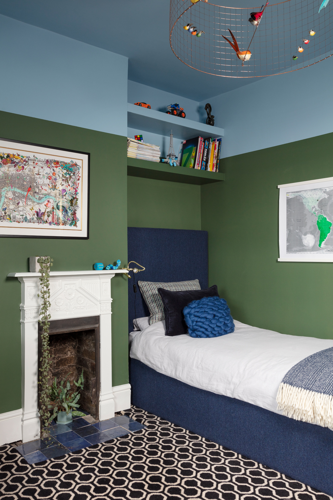 Sofa.com upholstered dark blue headboard in a boy's room