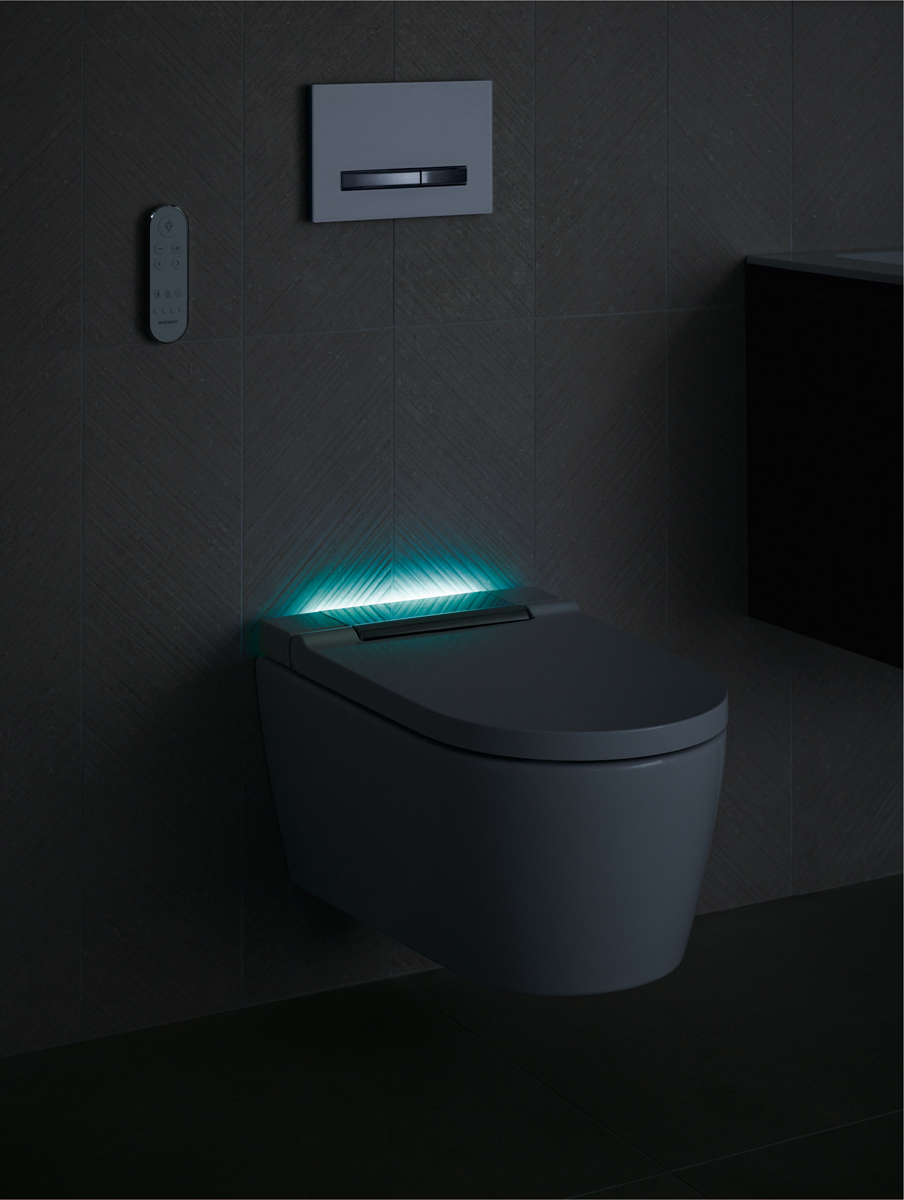The AquaClean Sela showing off its orientation light. Also available in pink (the light, not the toilet)