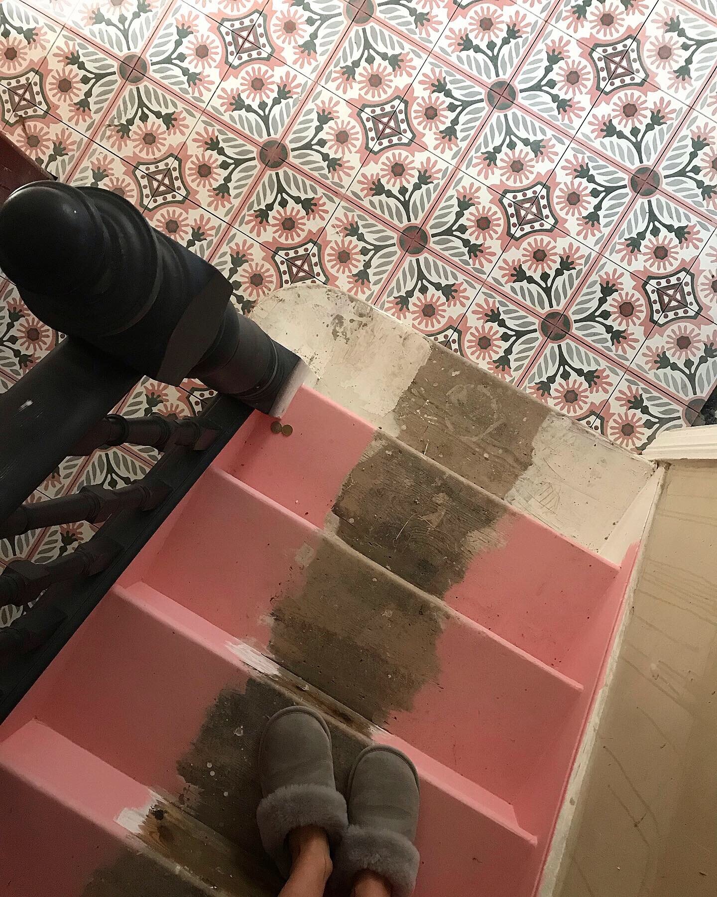 A work-in-progress snap of my mid-renovation hallway and stairs/Tiles are Sakura from Otto Tiles, stairs painted in soon-to-go-on-sale Pink House from Mylands