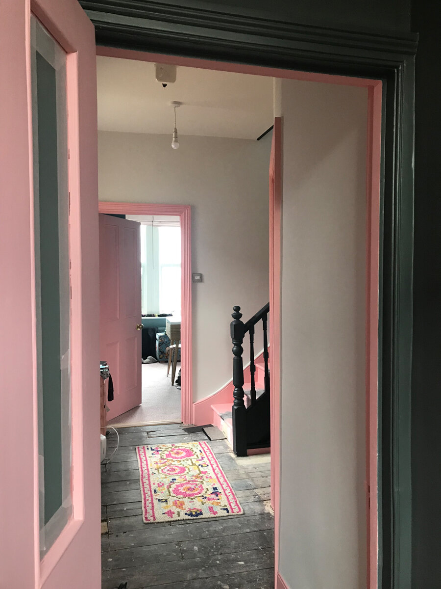 The current state of our first floor landing, showing how the colours work as you look through the house (scuse the lack of carpet/light fitting)