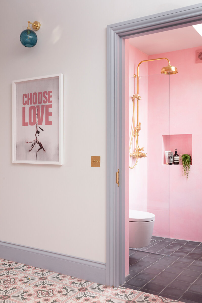 Nothing but LOVE for my beautiful brass Perrin &amp; Rowe shower (Choose Love print from Print Club London, all profits to Help Refugees)