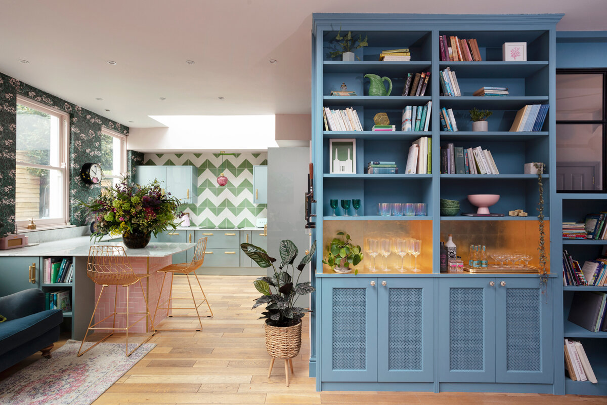 The Pink House’s gold cocktail cabinet and blue bookshelves, gilding by Lūx &amp; Umber/Photo: Susie Lowe