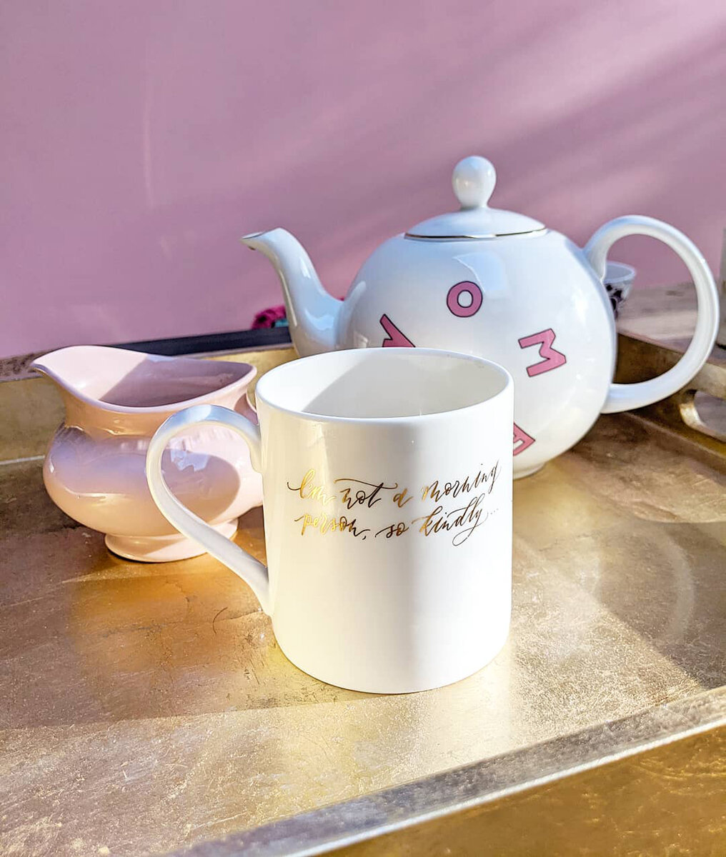My best pink and gold tea things (it says ‘fuck off’ in gold calligraphy on the back of the mug)/Photo: Lūx &amp; Umber