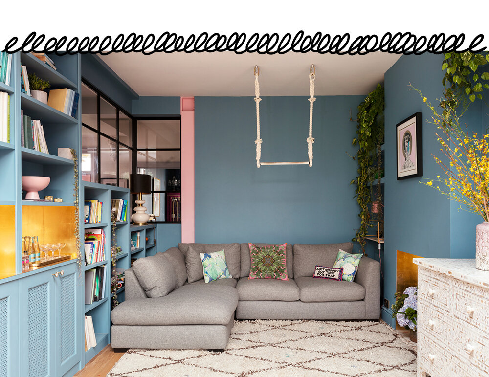 Blue living room with trapeze swing