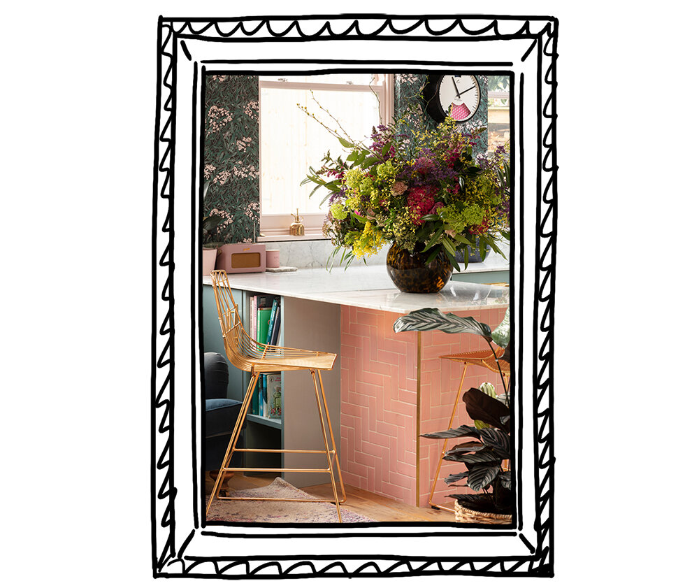 Leafy kitchen wallpaper , pink tiles and a Bramwell Brown weather clock