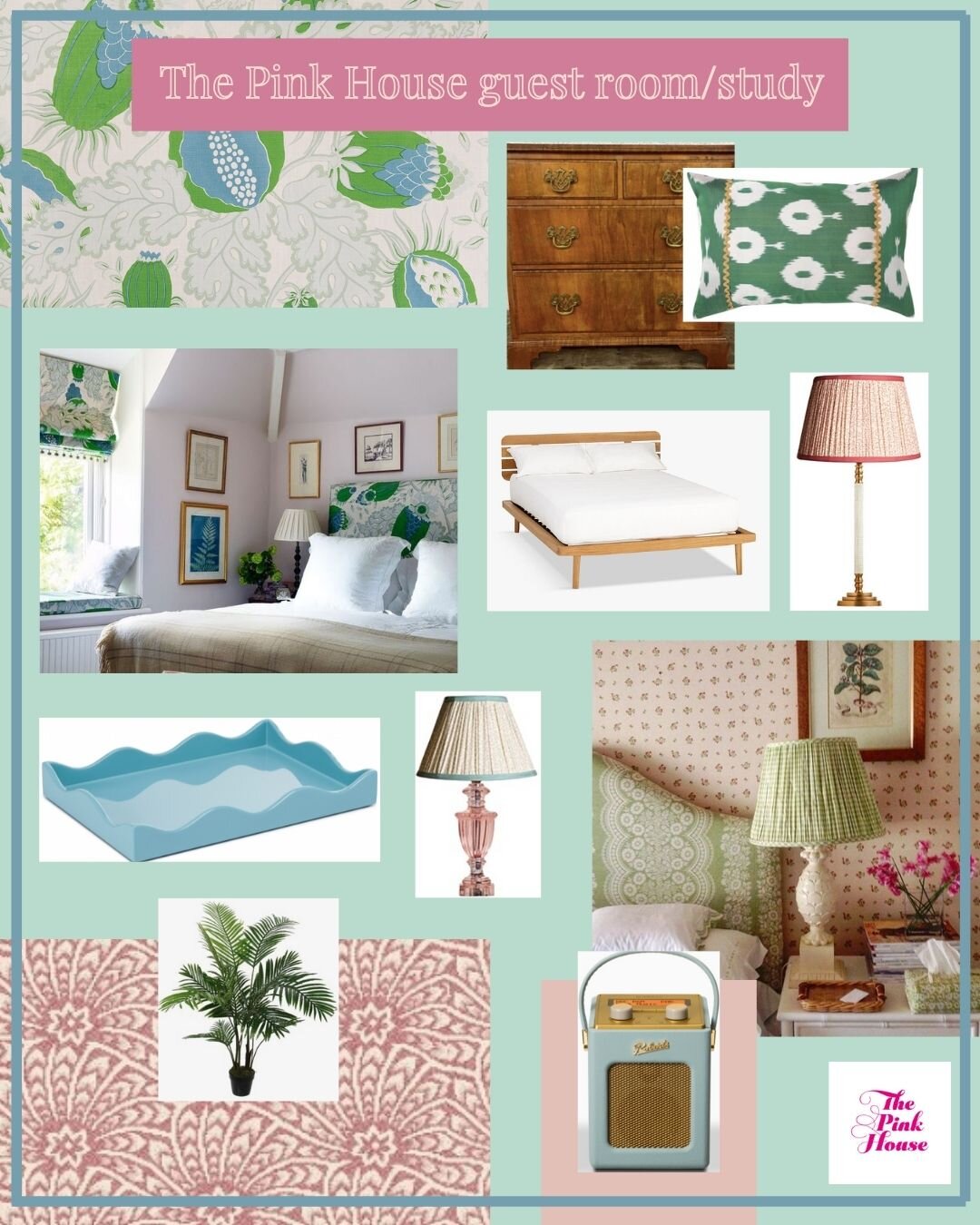 Pink and green guest bedroom mood board