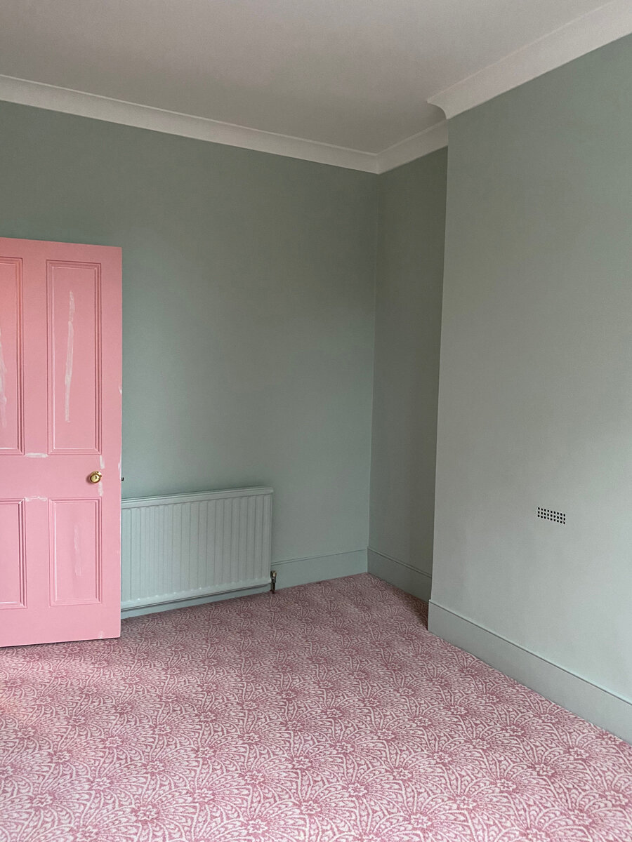 Pink Alternative Flooring Capello Shell carpet on the floor and Farrow &amp; Ball Teresa’s Green on the walls. Door painted Pink House Pink by Mylands