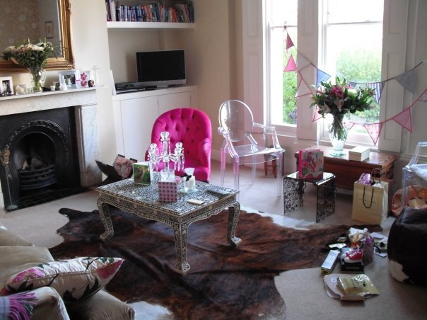 My north London flat in the Noughties, plus pink velvet armchair