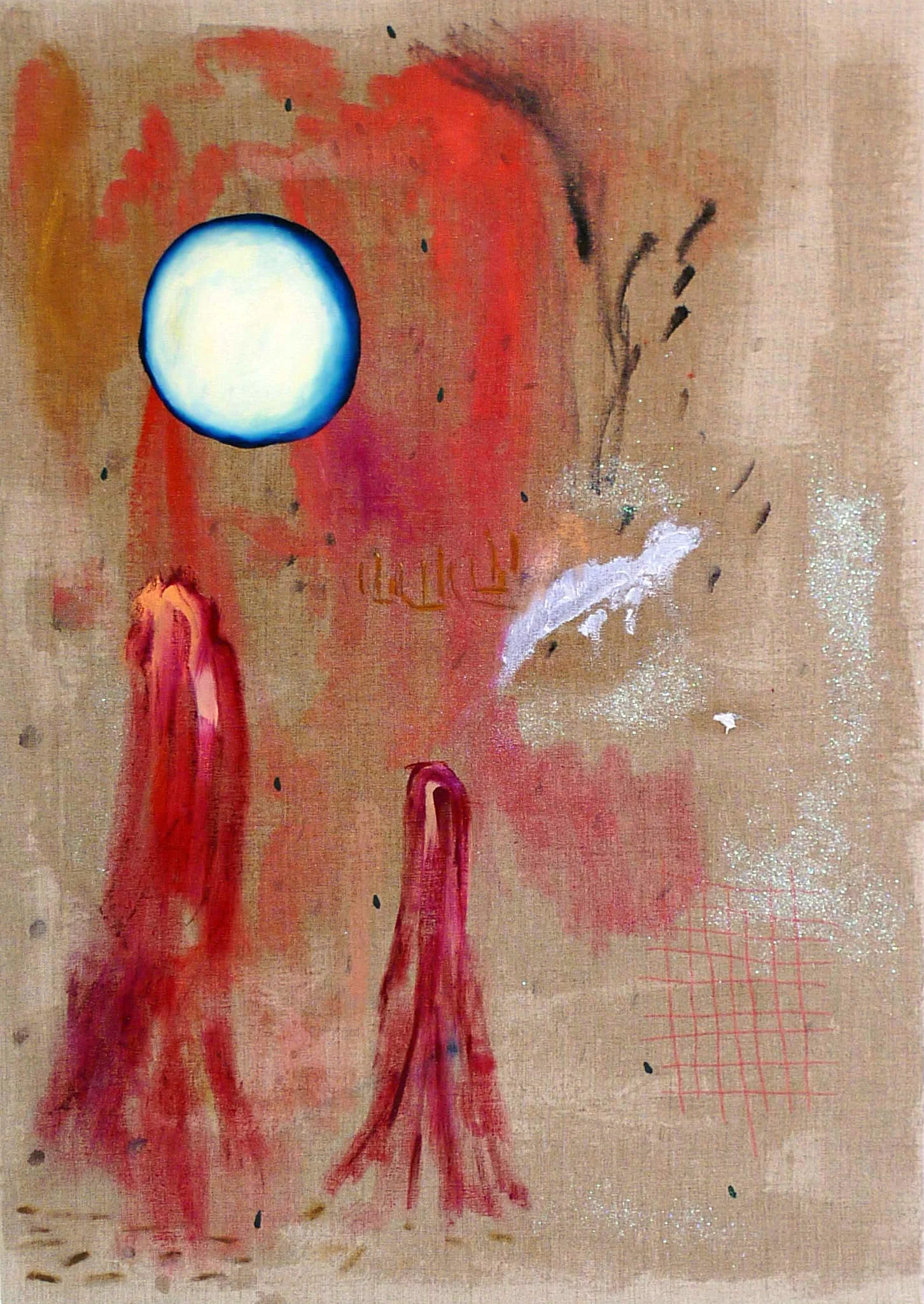 'Blue Moon'<br>Olie, tusch, kuglepen og glitter på lærred<br>70 x 51 cm<br>2013