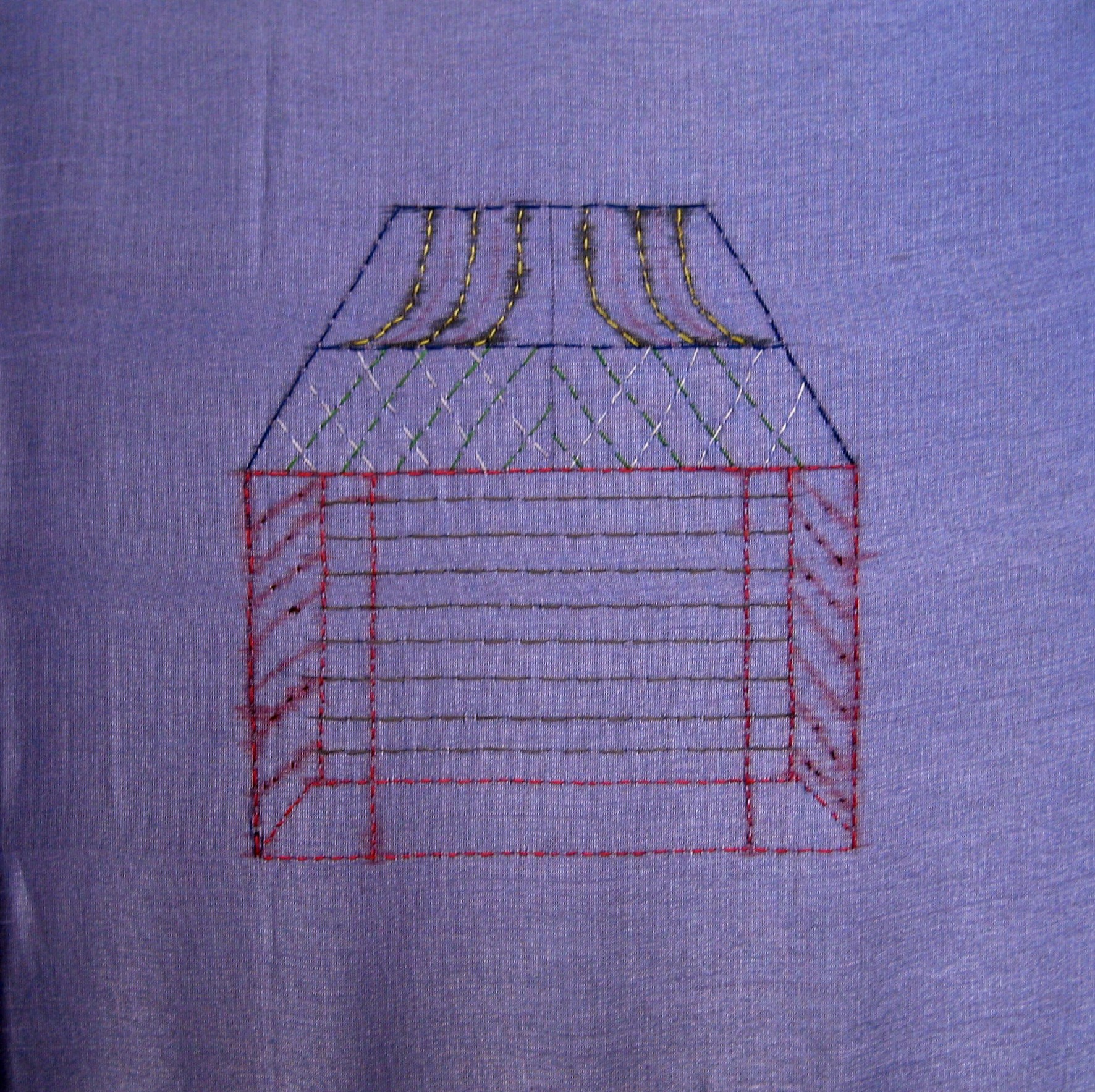'Hus'<br>Sytråd og kuglepen på kunsstof<br>30 x 30 cm<br>2014