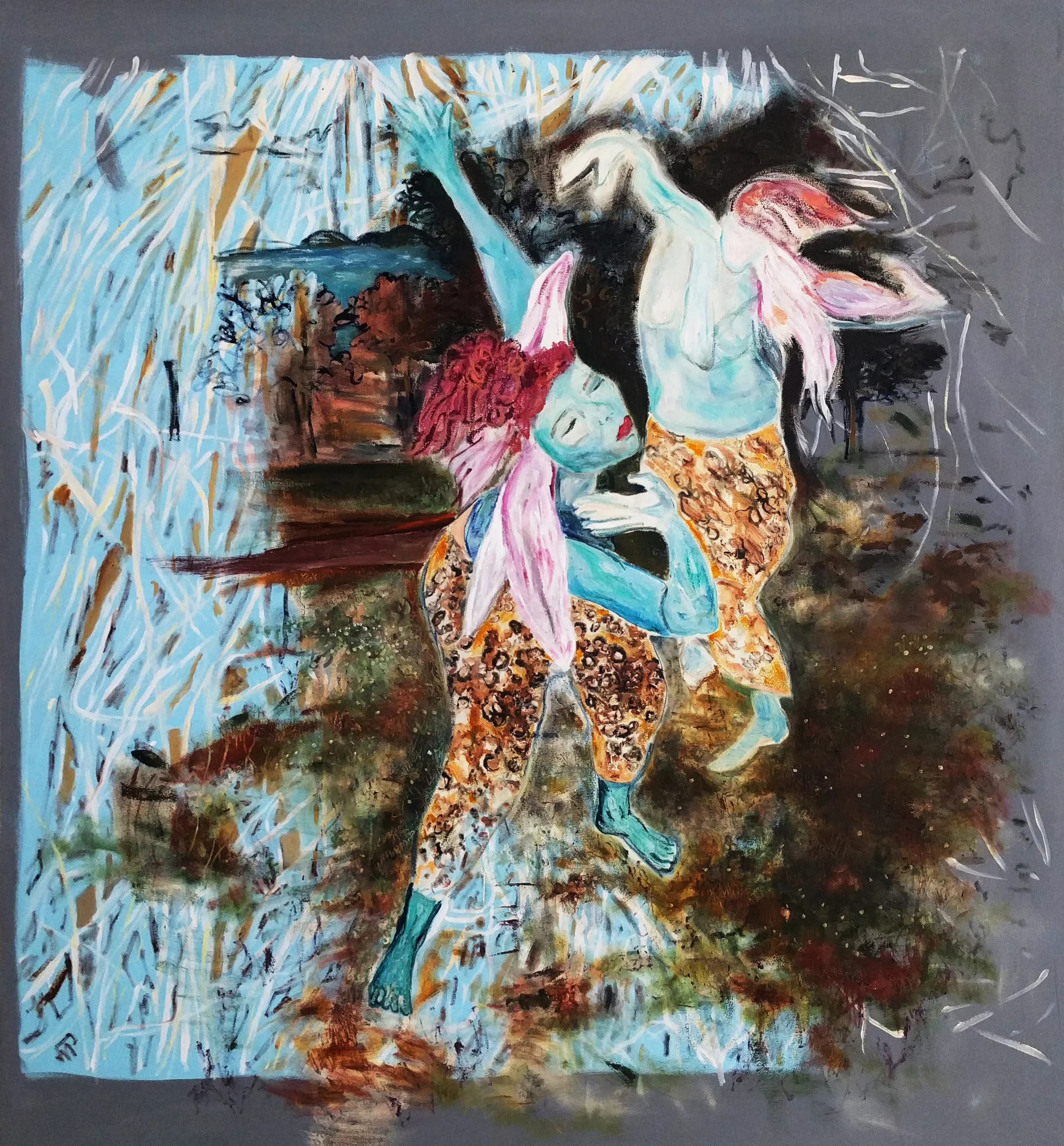 'Blå fairies'<br>Akryl, olie og pastel på lærred<br>130 x 120 cm<br>2017