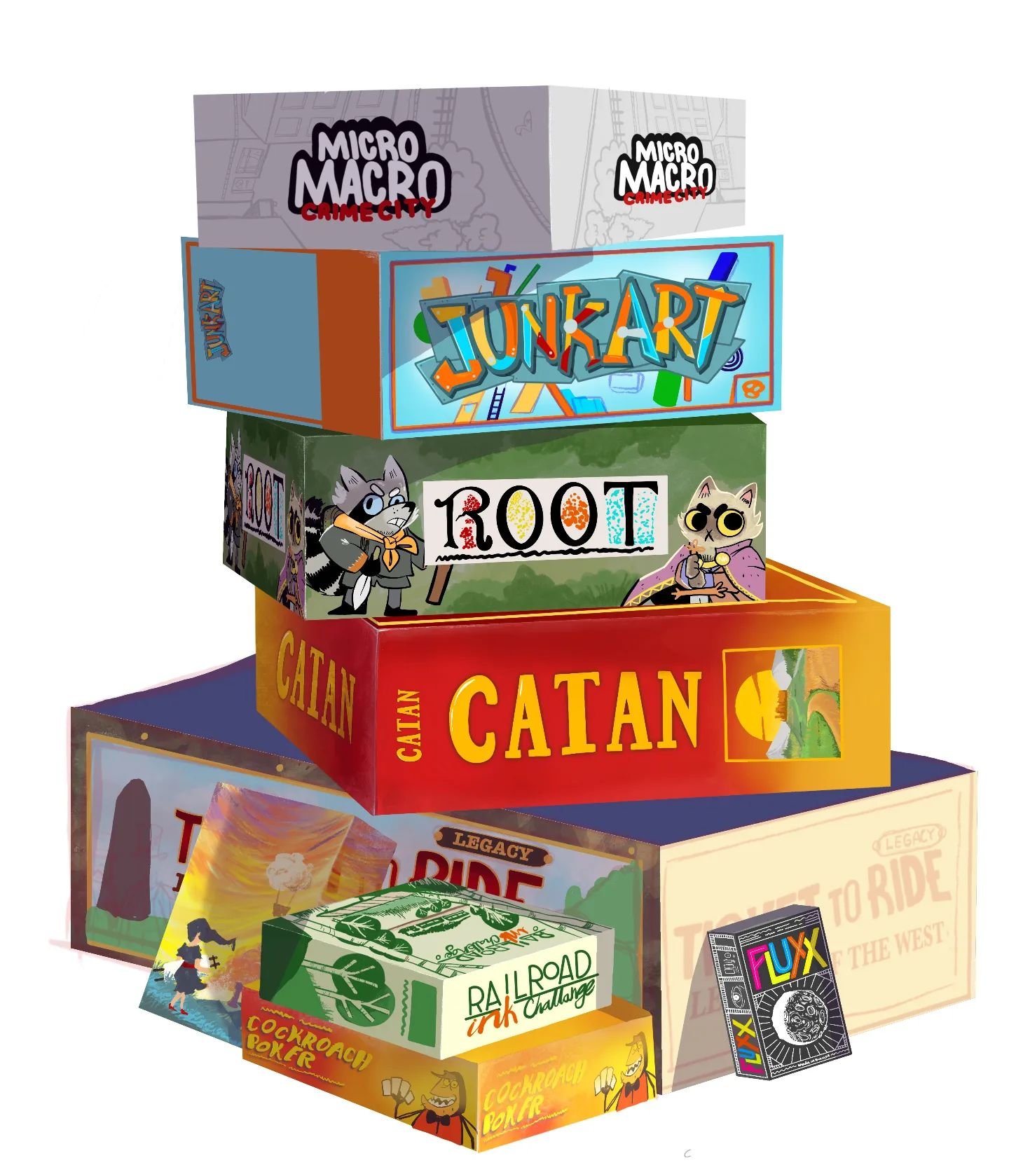 #artist  #digitalart  #procreate  #boardgames  #boardgamegeek #geek  #workinprogress  #wip #illustration #stickers #cockroachpoker #railroadink #canvas #canvasboardgame #flux  #tickettoridelegacy #tickettoride  #catan #settlersofcatan #root #rootboar