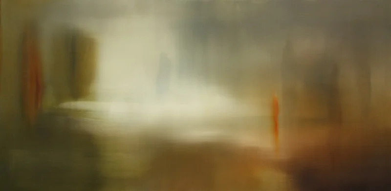 Title: "Today I can cross the bridge and get back. It’s been a weird week. Watching the flooding on the news." Medium: Oil on linen. Size: 76 x 152 cm SOLD