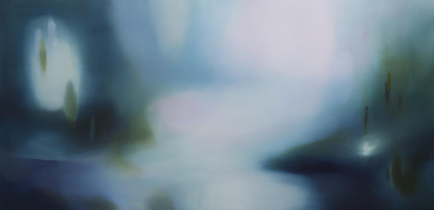 Title: "I love watching the geese waddle into the dam. It’s like living in a nursery rhyme." Medium: Oil on linen Size: 76 x 152 cm SOLD