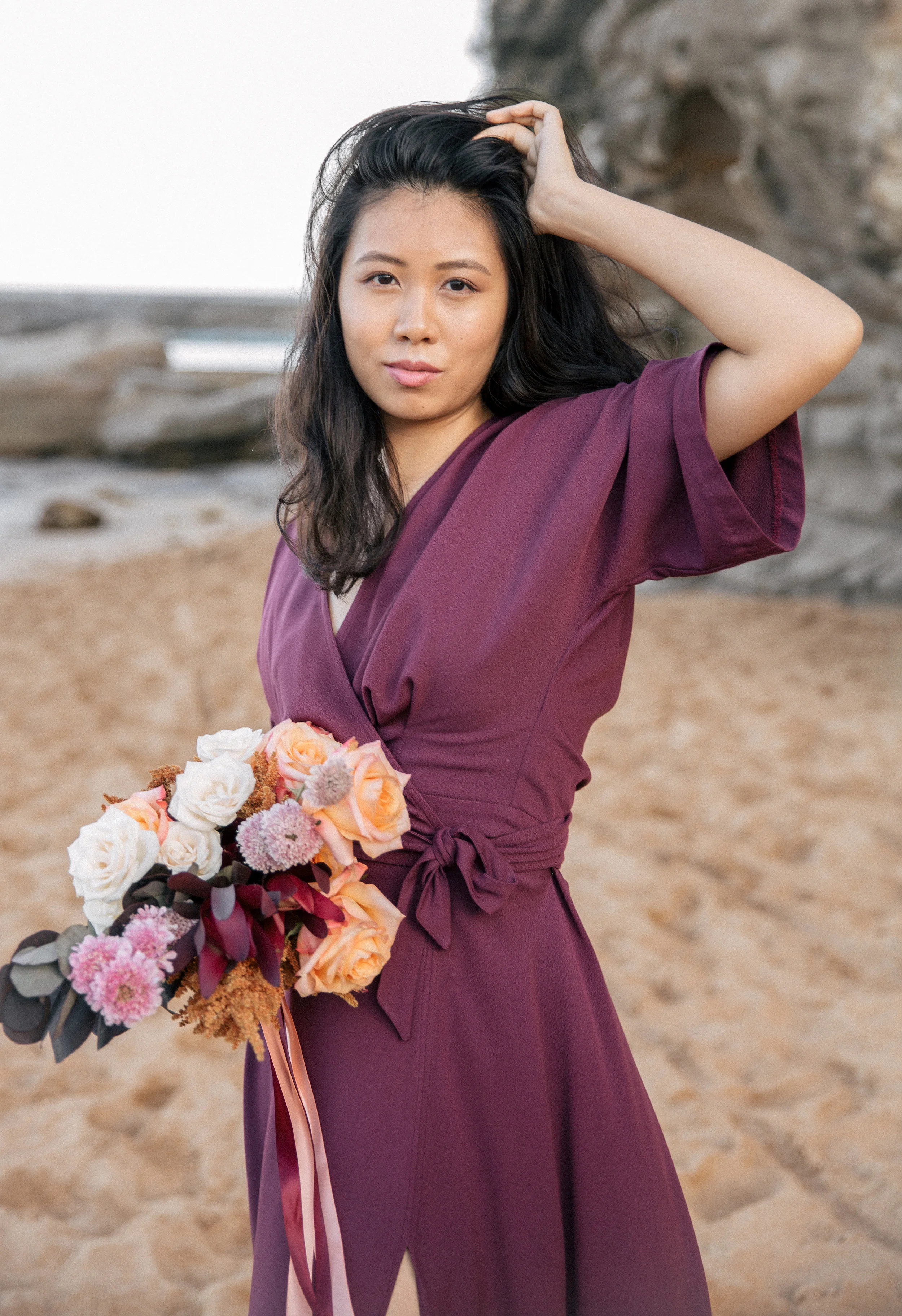Burgundy kimono wrap dress