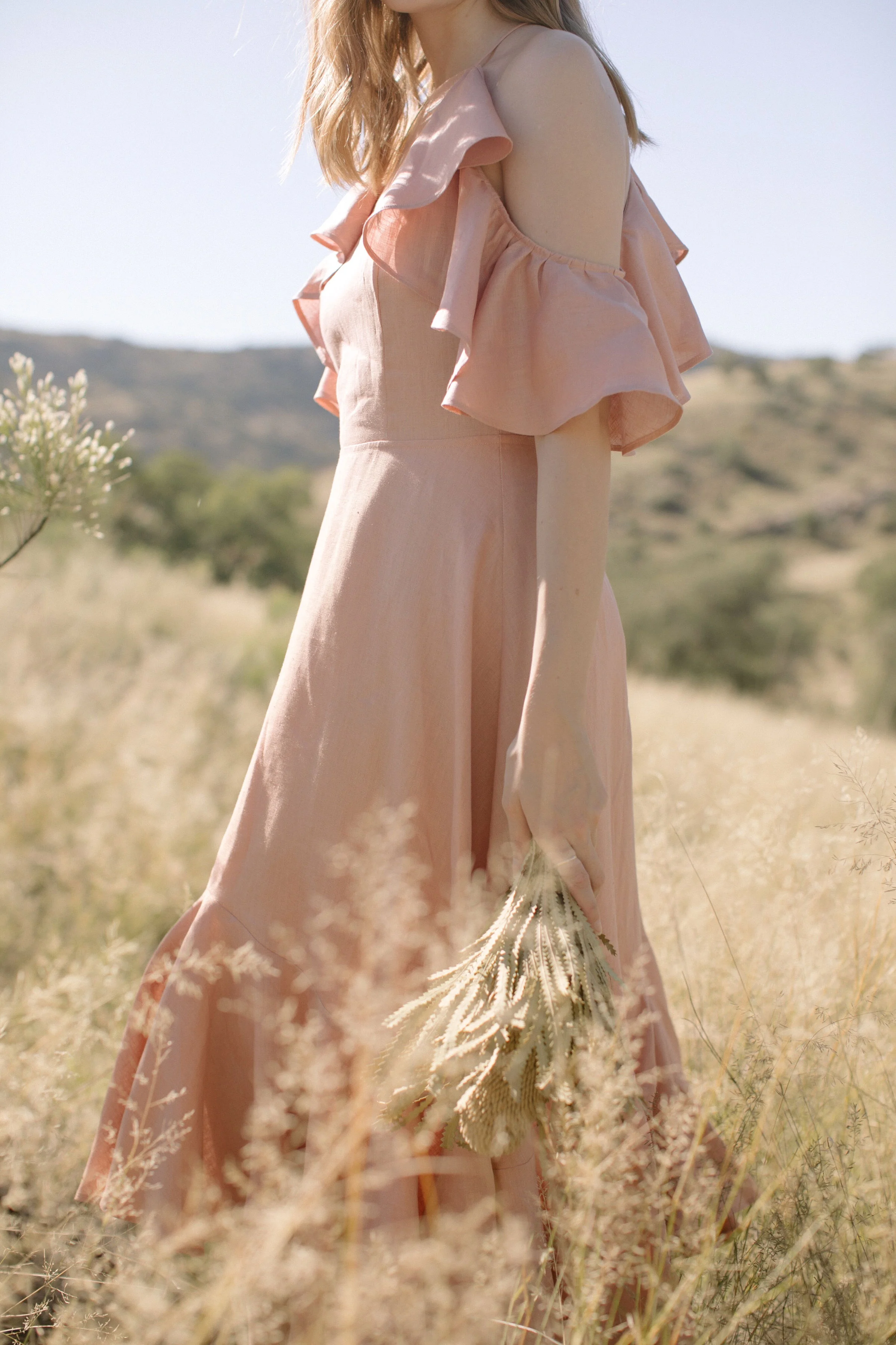 Off the shoulder dress in dusty rose linen