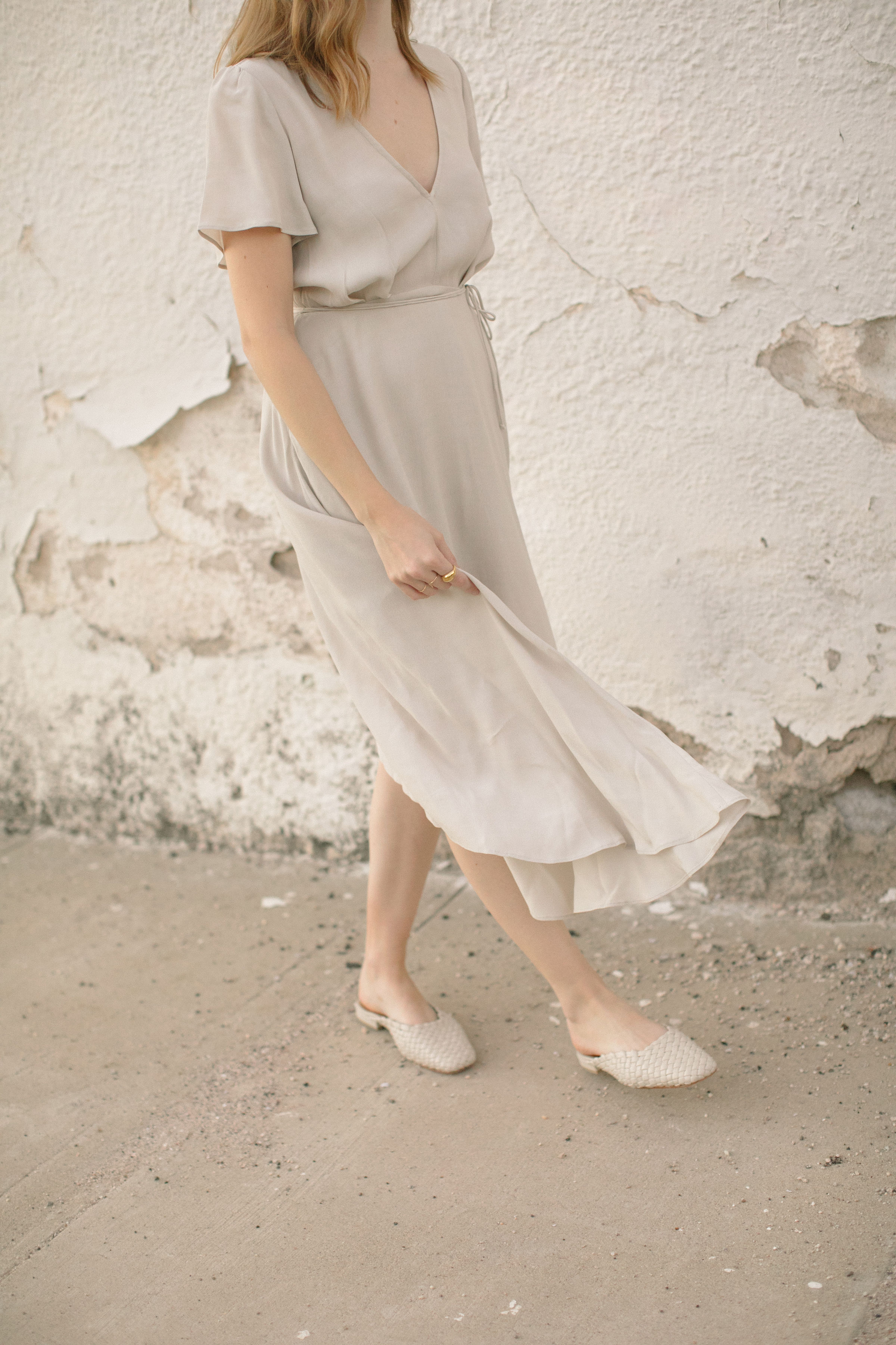 Short sleeve bridesmaid dress with waist tie