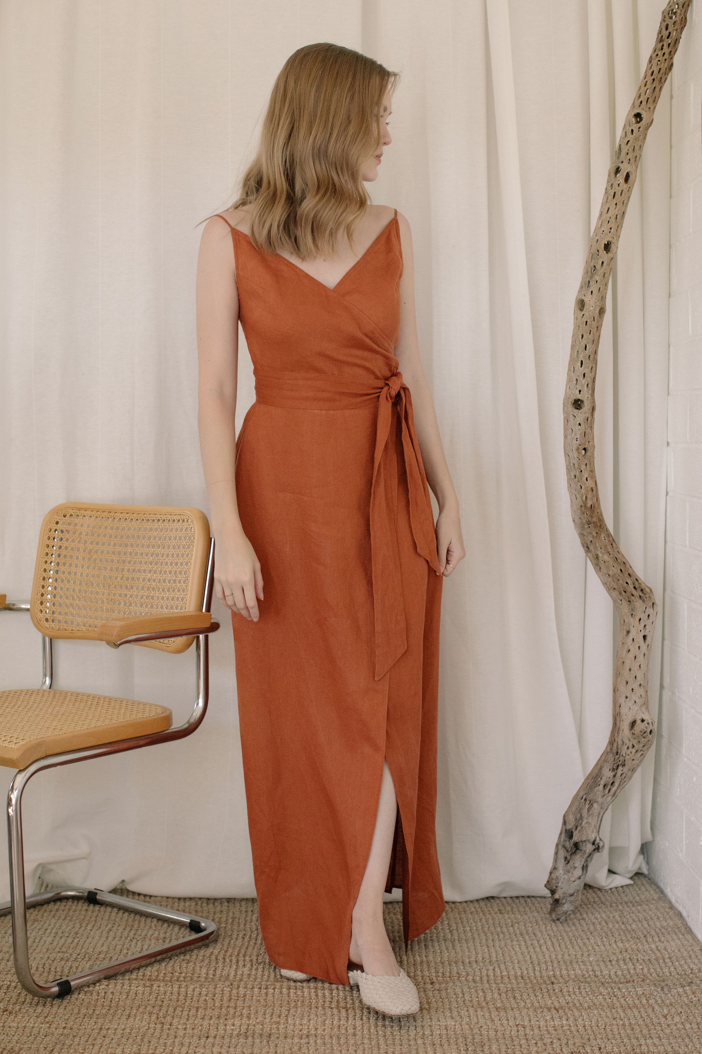 Linen wrap bridesmaid dress in paprika