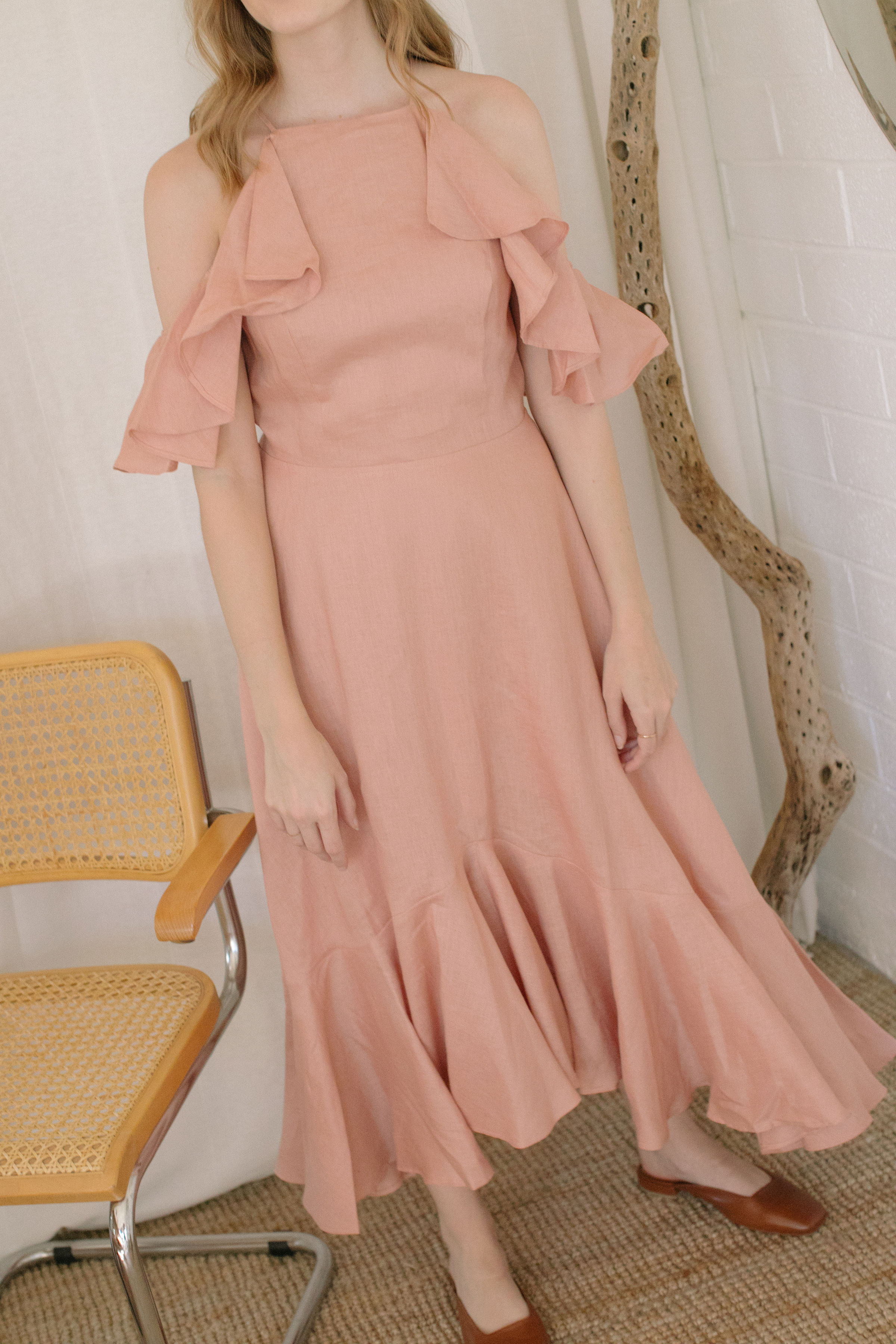 Midi length bridesmaid dress in linen fabric
