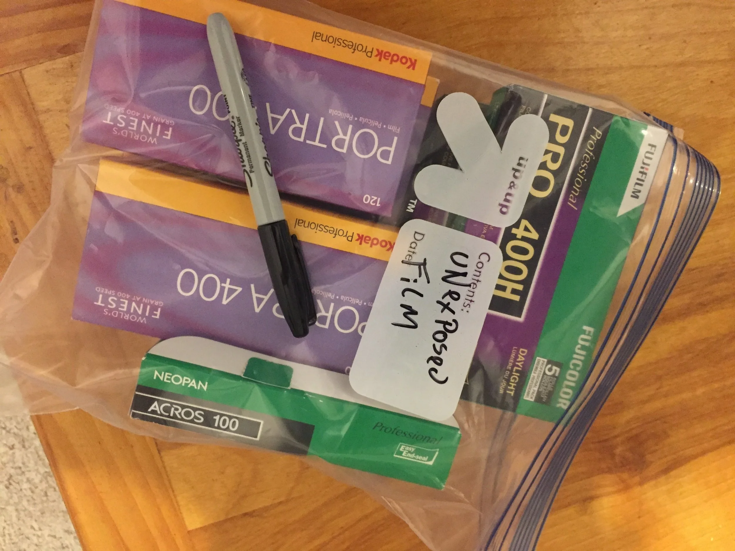 Freezer bag with label and some emulsion choices.