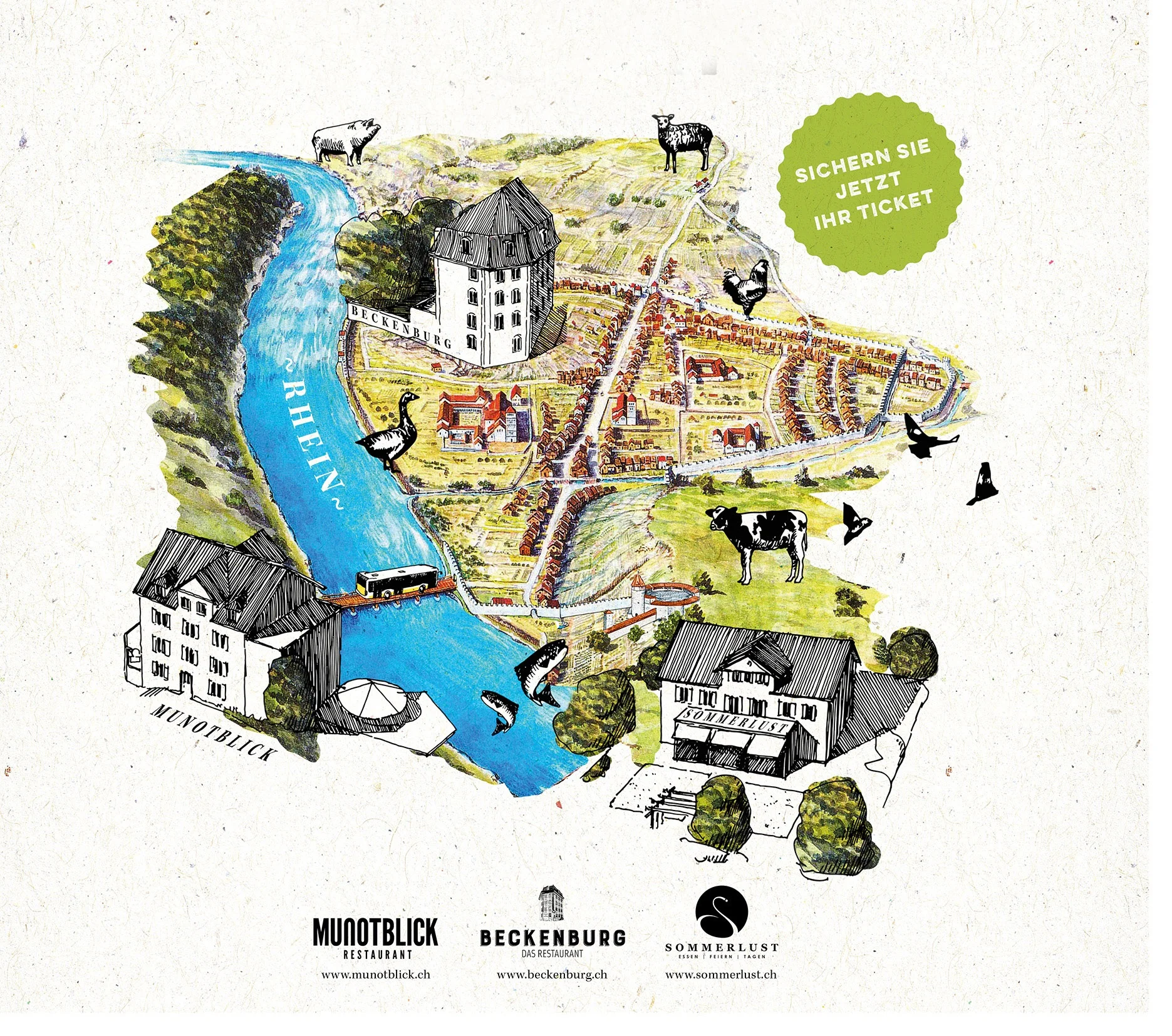 Blick. Burg. Lust. Drei Restaurants. Ein Abend. Ein Bus. Am Freitag, den 27. September 2019 nehmen wir Sie mit auf eine kulinarische Entdeckungsreise durch Schaffhausen.