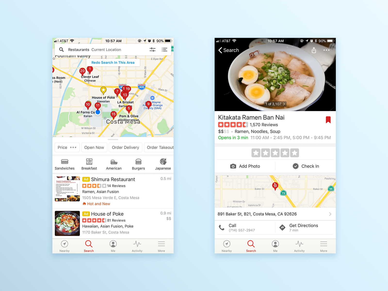 Yelp's search result page (left) and restaurant information page (right).