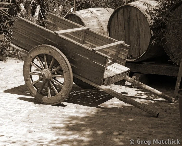 Wine Cart and Barrels in Rome in Sepia