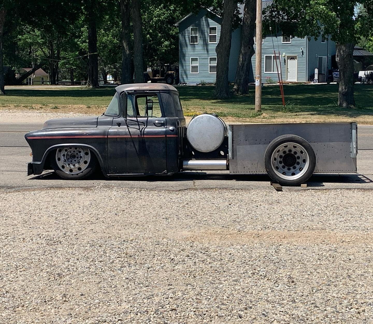 Pulled the 55 out to get some sun. I needed to see how the bumpers looked out in the sun #gsimachineandfabrication #cumminsswap #dually #duallywheels #duallyporn #bigwheelduallys #drivenrodncustoms