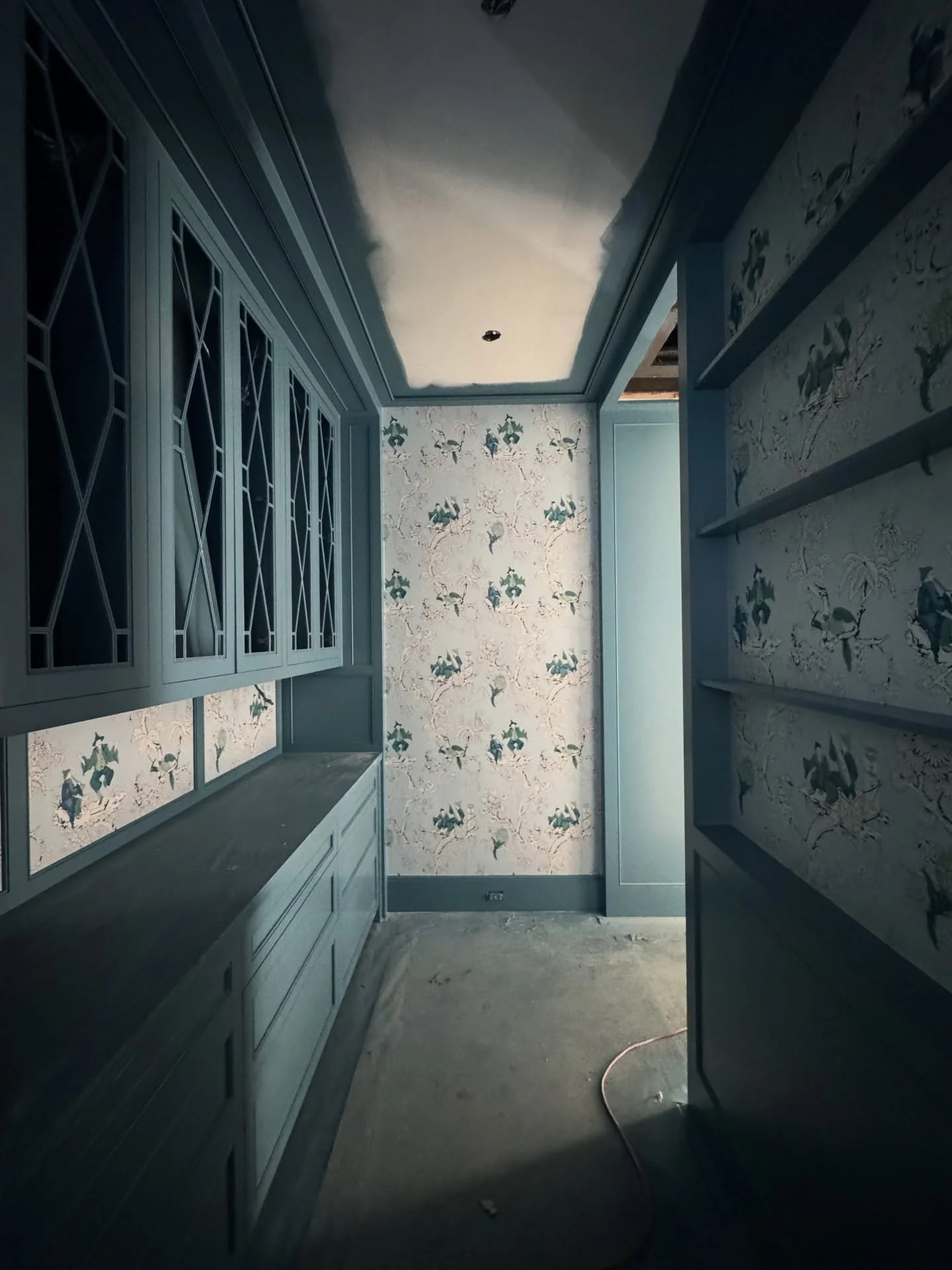 Dish room progress ✨ Custom cabinetry, layered millwork, and wallpaper doing the heavy lifting. We&rsquo;re officially in the pinch-me phase of this new construction project. Can&rsquo;t wait to see it finished!! #interiordesign #newconstruction #cus